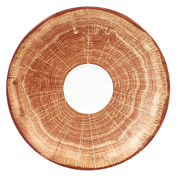 A circular wood plate with a white circle in center.