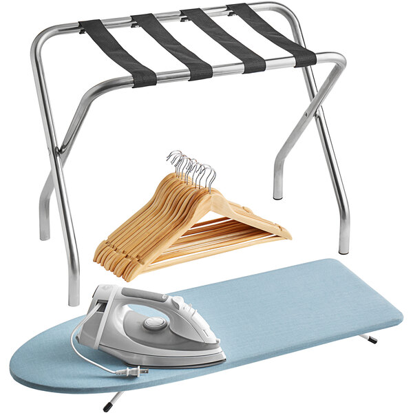 A white ironing board with a close-up of an iron on a clothes rack.