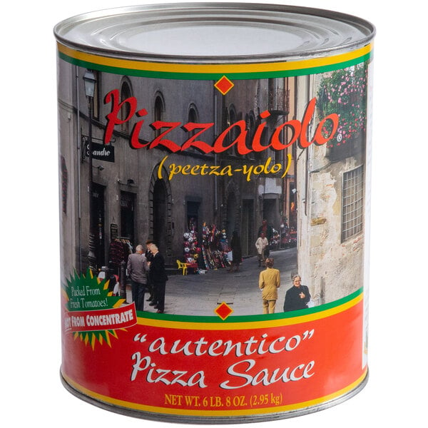 A Stanislaus #10 tin can of Pizzaiolo Sauce with a label.