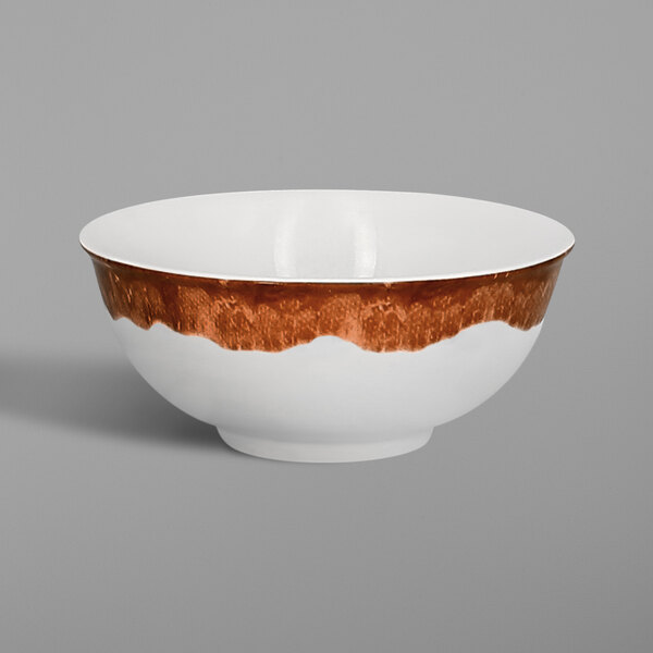 A white bowl with a brown strip.