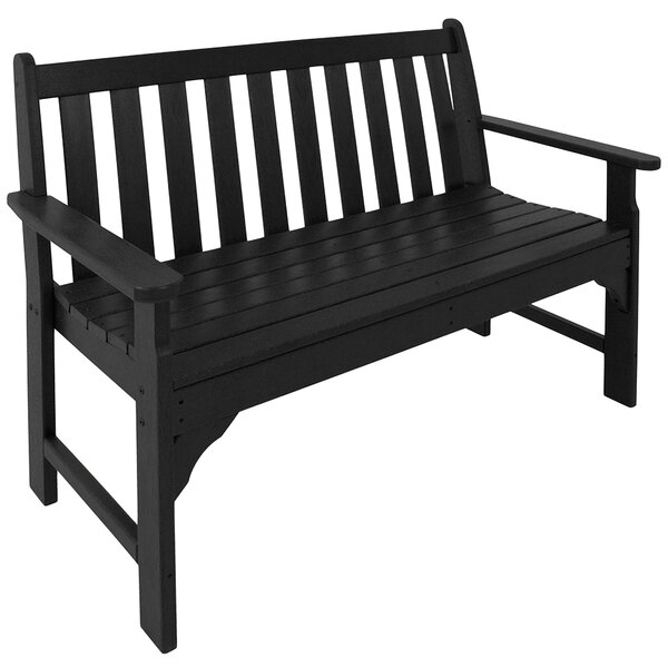 A black POLYWOOD Vineyard bench with armrests and a wooden seat.