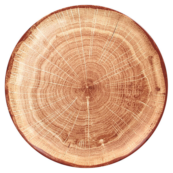 A RAK Porcelain Timber Brown flat coupe plate with a tree trunk pattern.