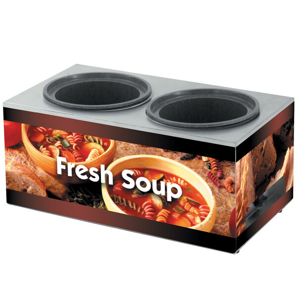 A Vollrath countertop soup warmer with two bowls of soup in it.