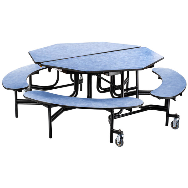 A blue National Public Seating cafeteria table with black metal legs and benches.