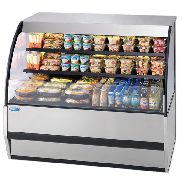 A Federal Industries SSRVS-5942 combination service top over refrigerated self-serve merchandiser with food on display.