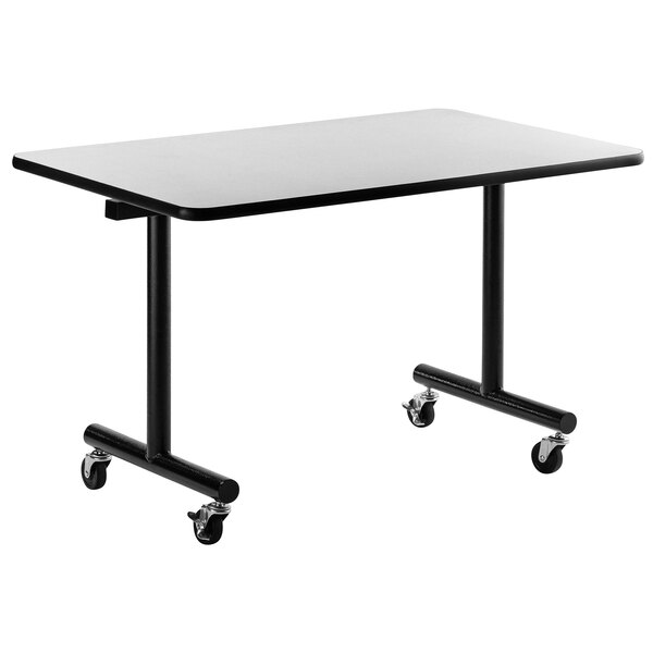 A rectangular National Public Seating table with black and white ProtectEdge and wheels.