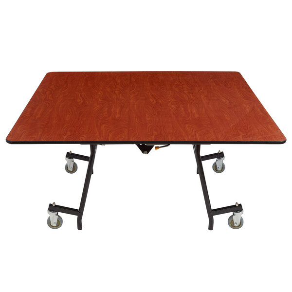 A National Public Seating square plywood cafeteria table with T-mold edge and chrome frame.