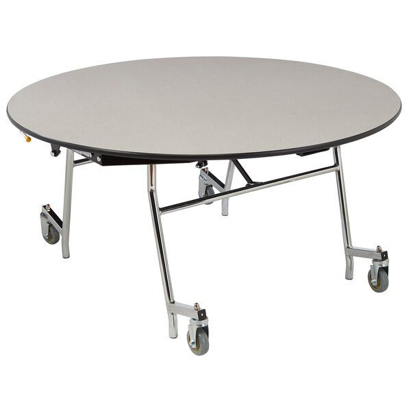 A round white National Public Seating cafeteria table with ProtectEdge and wheels.
