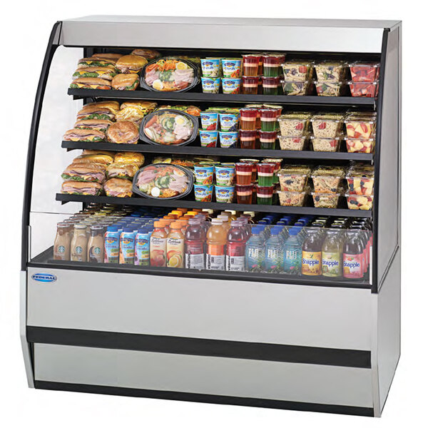 A Federal Industries self-service prepared food air curtain merchandiser filled with food on display.
