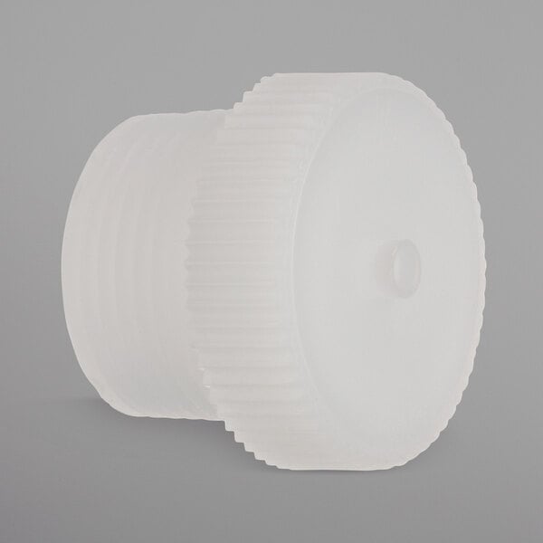 A white plastic cylindrical cap with a hole in it.