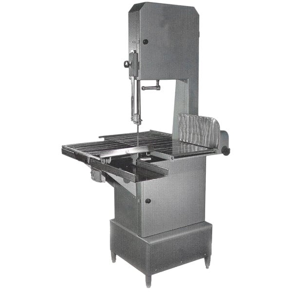 An Omcan floor model vertical band saw with a table on top.