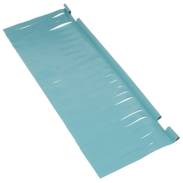 A blue plastic sheet with holes over a long strip of paper.
