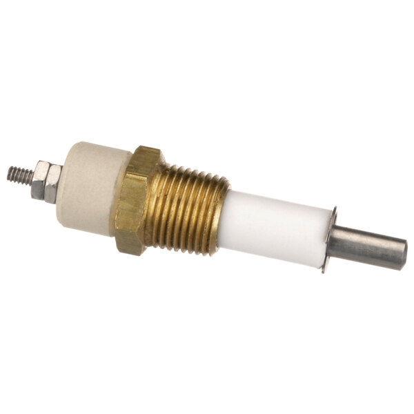 A brass and white Warrick probe with a metal terminal.