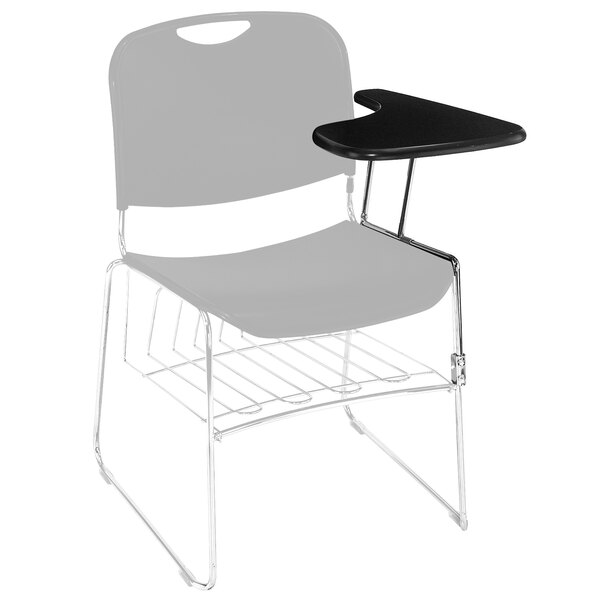 A white office chair with a black removable desk arm on the left.