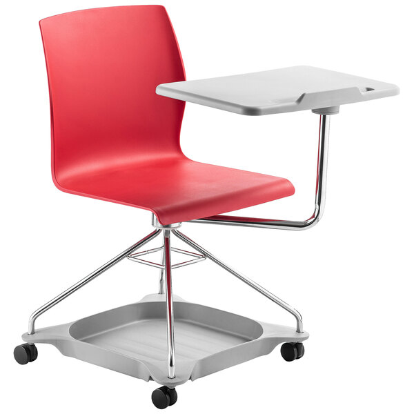 A red National Public Seating mobile tablet chair with a laptop on it.