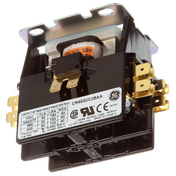 A Noble Warewashing 2-pole contactor with black and gold electrical connections.