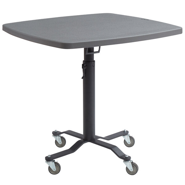 A National Public Seating Cafe Time II square table with wheels and a black blow molded top.