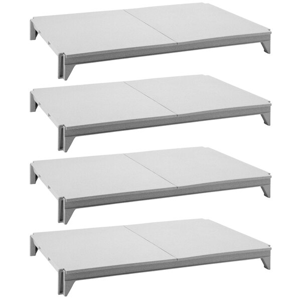 A white rectangular Cambro Camshelving stationary shelf kit with four shelves.