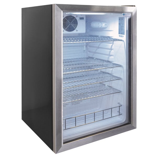 An Excellence black countertop refrigerator with a glass door.