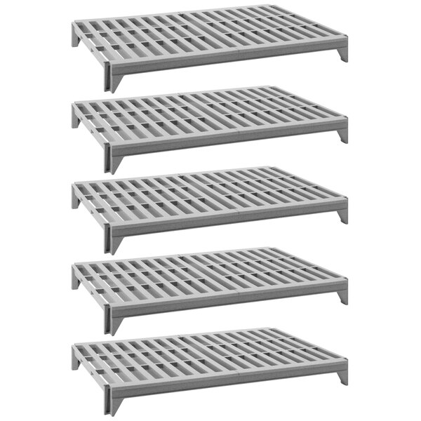 A grey plastic Cambro Camshelving kit with 5 vented shelves.