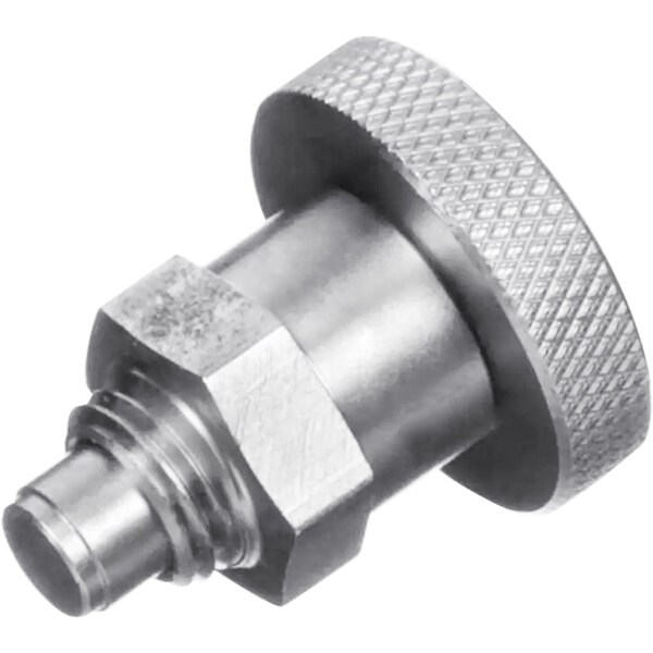 A close-up of a stainless steel thumbscrew.