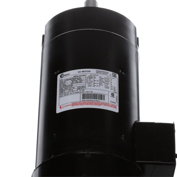A black Noble Warewashing wash motor pump with a white label on the cylinder.