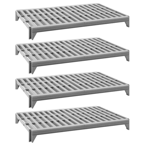 A Cambro Camshelving Premium stationary shelf kit with four vented grey shelves.