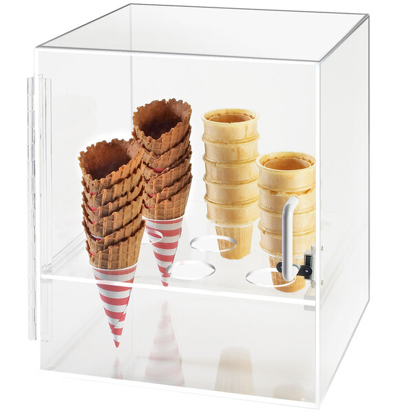 A clear box with nine ice cream cones inside.