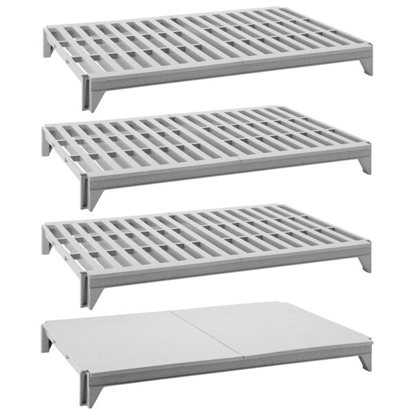 A white Cambro Camshelving kit with 3 vented shelves and 1 solid shelf.