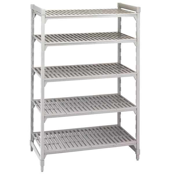 A white metal Cambro Camshelving unit with 5 shelves.