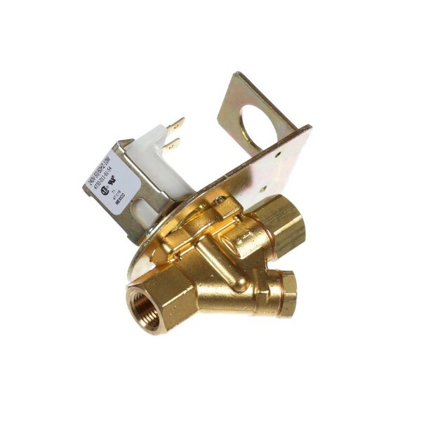 A brass Noble Warewashing solenoid valve with a brass handle.