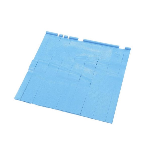 A blue plastic sheet with blue paper curtain pieces.