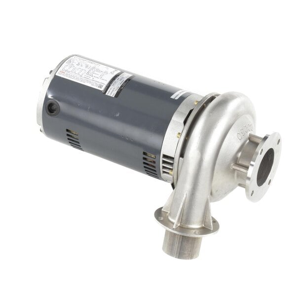 A stainless steel pump and a grey electric motor with a round metal part.