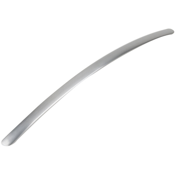 A curved silver metal handle for a Galaxy countertop convection oven.