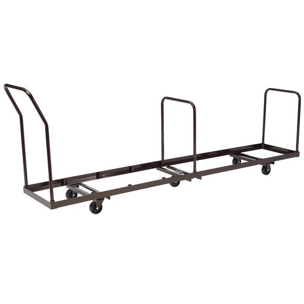 A National Public Seating metal chair dolly with three wheels and four metal bars.