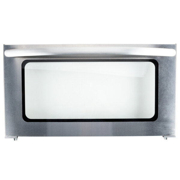 A stainless steel Galaxy countertop convection oven door with a white glass window.