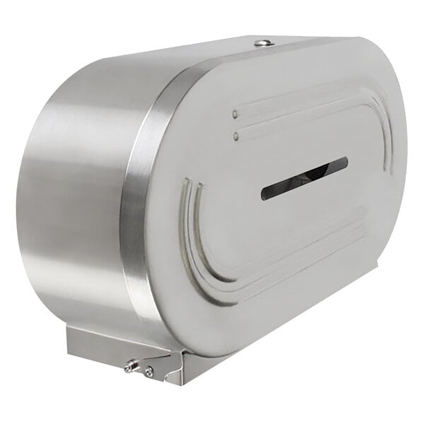 A stainless steel Thunder Group toilet paper dispenser with two holes.