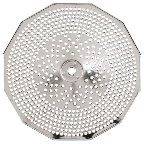 A stainless steel Tellier replacement sieve with small holes.
