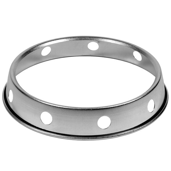 A silver plated steel ring with holes.
