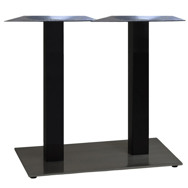 A black metal Grosfillex dining table lateral base with two square legs.