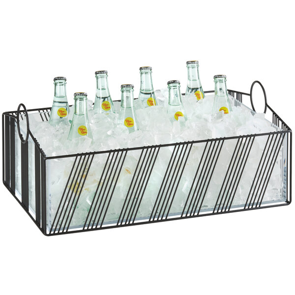 A black Cal-Mil ice housing with bottles in a clear ice pan.