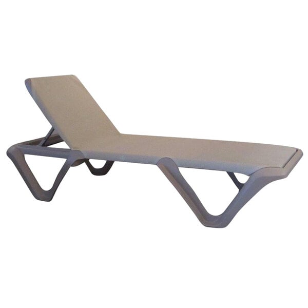 A Grosfillex Nautical Pro chaise lounge with a dove gray sling.