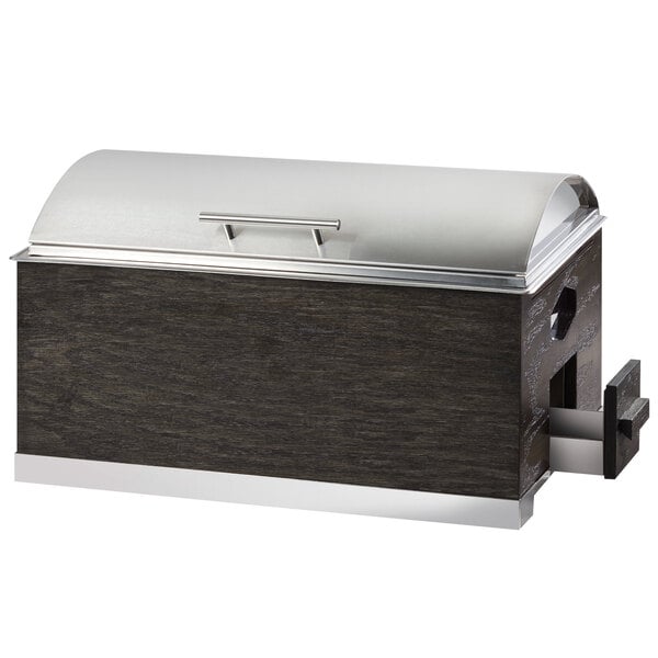 A wooden Cal-Mil chafer with stainless steel accents.