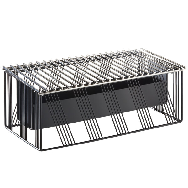 A black metal rectangular chafer alternative with metal rods.