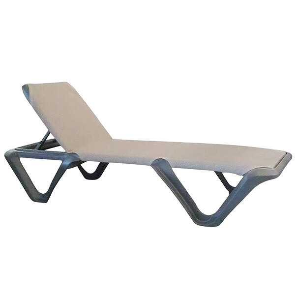 A white Grosfillex Nautical Pro chaise lounge with an espresso sling.