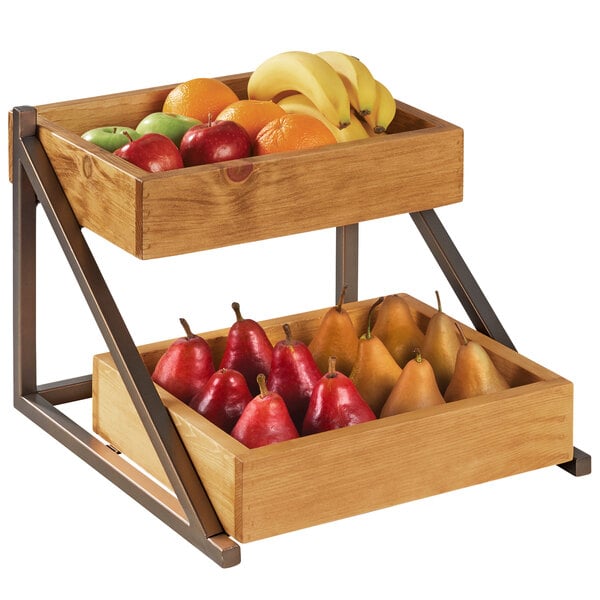 A Cal-Mil Sierra 2-tier wooden merchandiser with fruit in wooden bins.