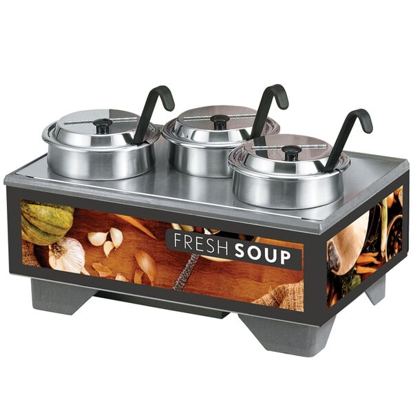 A Vollrath countertop soup warmer base with three containers on top.