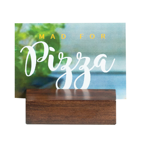 A wooden Cal-Mil table card holder with a sign that says "Mad for Pizza" on it.