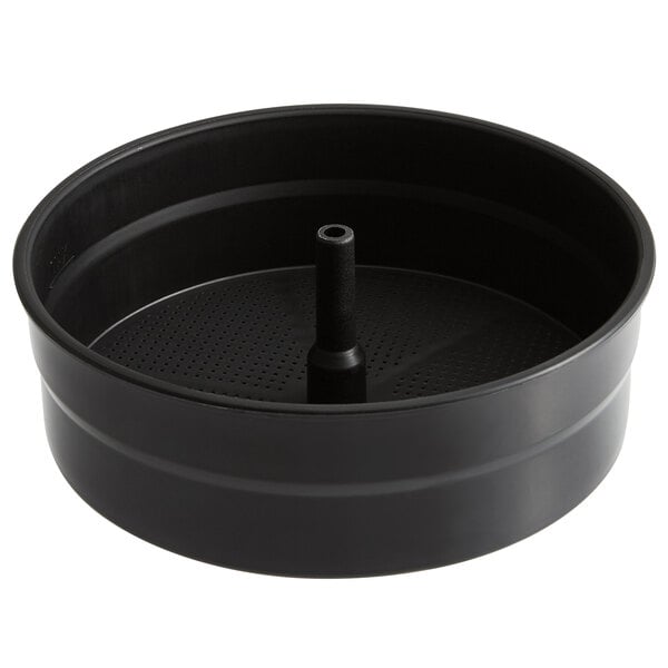 A black round brew basket with a handle.