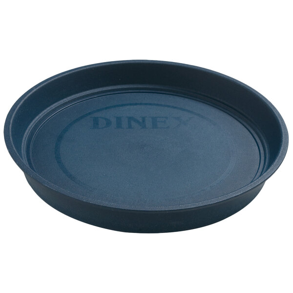 A round black Dinex serving dish with a logo on it.